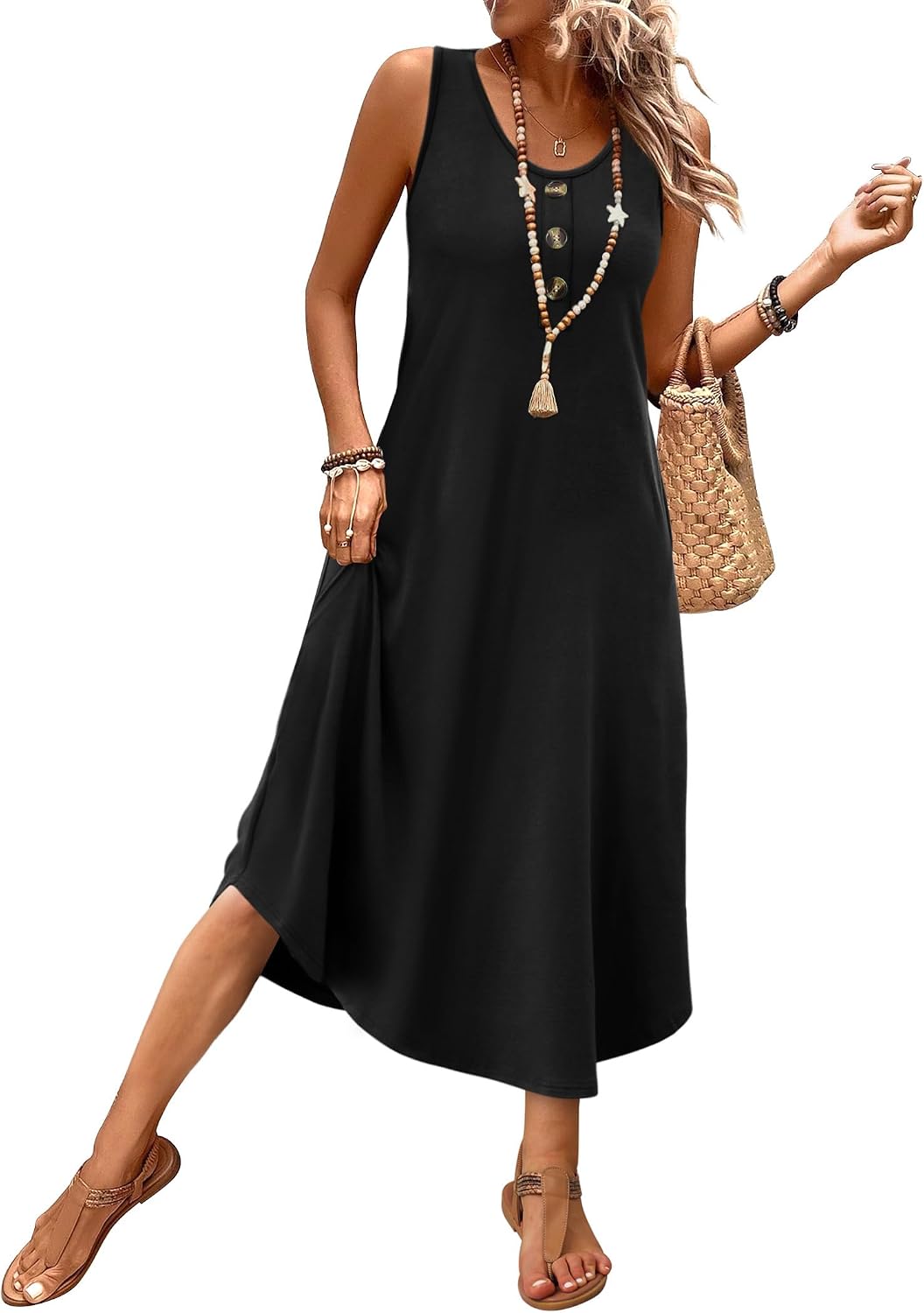 WIHOLL Summer Dresses for Women 2026 Button Front Sleeveless Casual Midi Dress Beach Vacation Sundresses with Pockets