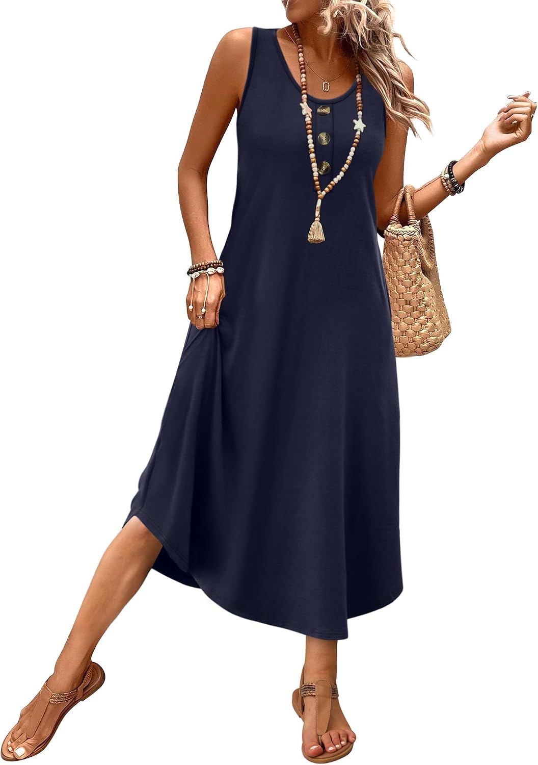 WIHOLL Summer Dresses for Women 2026 Button Front Sleeveless Casual Midi Dress Beach Vacation Sundresses with Pockets