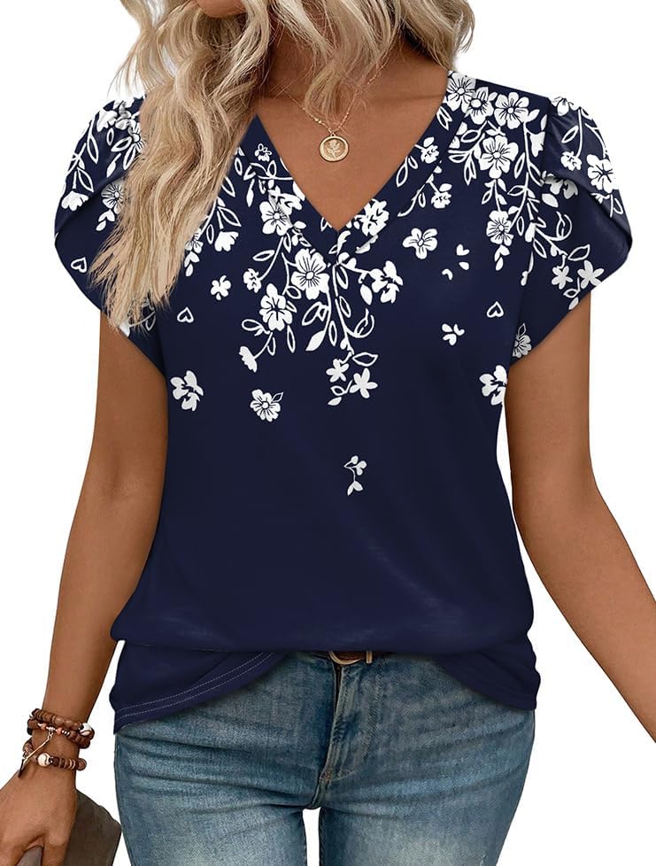 WIHOLL Womens Tops Dressy Casual Petal Sleeve Summer Spring Short Sleeve V Neck Shirts Work Business Vacation Clothes 2026