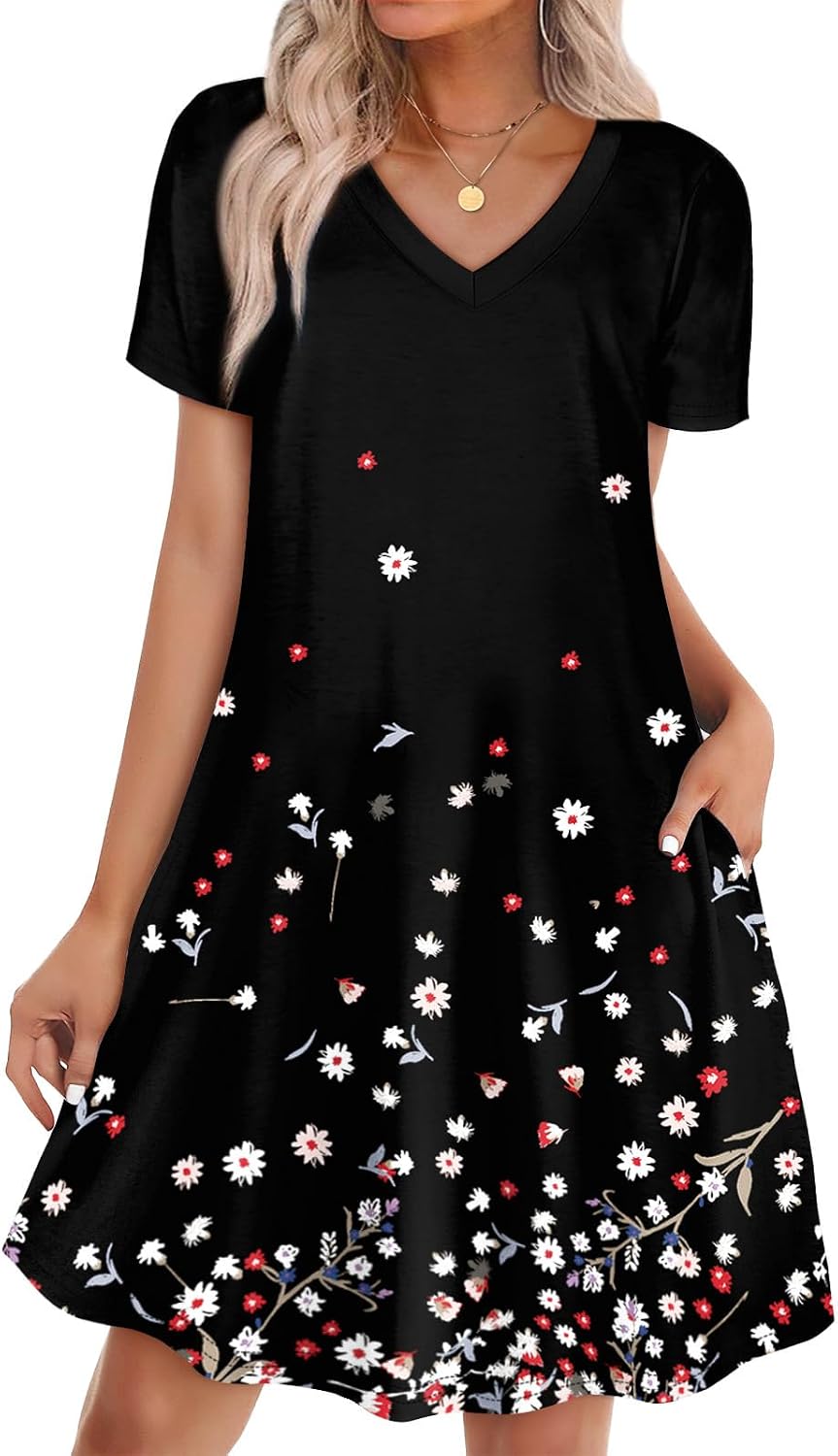 WIHOLL Boho Summer Dresses for Women Casual Loose T Shirt Dress with Pockets Beach Vacation Outfits S-4XL