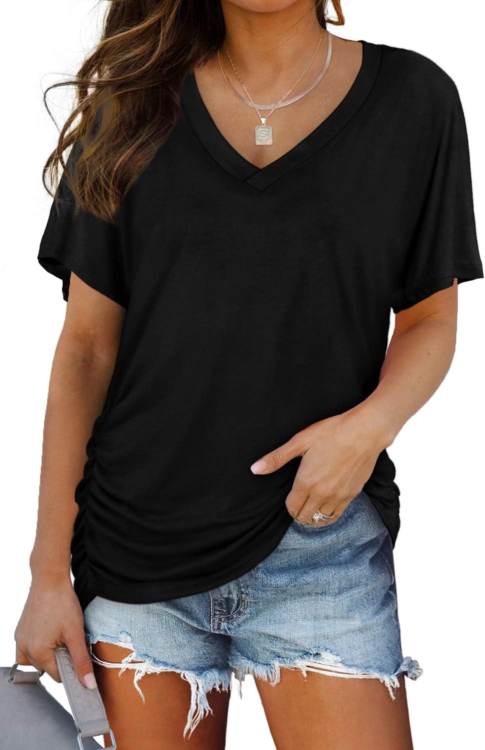 WIHOLL Womens Summer T-Shirts Short Sleeve V Neck Dolman Tops with Side Shirring Loose Fit Shirts Spring Fashion