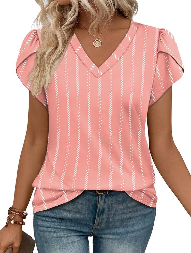 WIHOLL Womens Tops Dressy Casual Petal Sleeve Summer Spring Short Sleeve V Neck Shirts Work Business Vacation Clothes 2026
