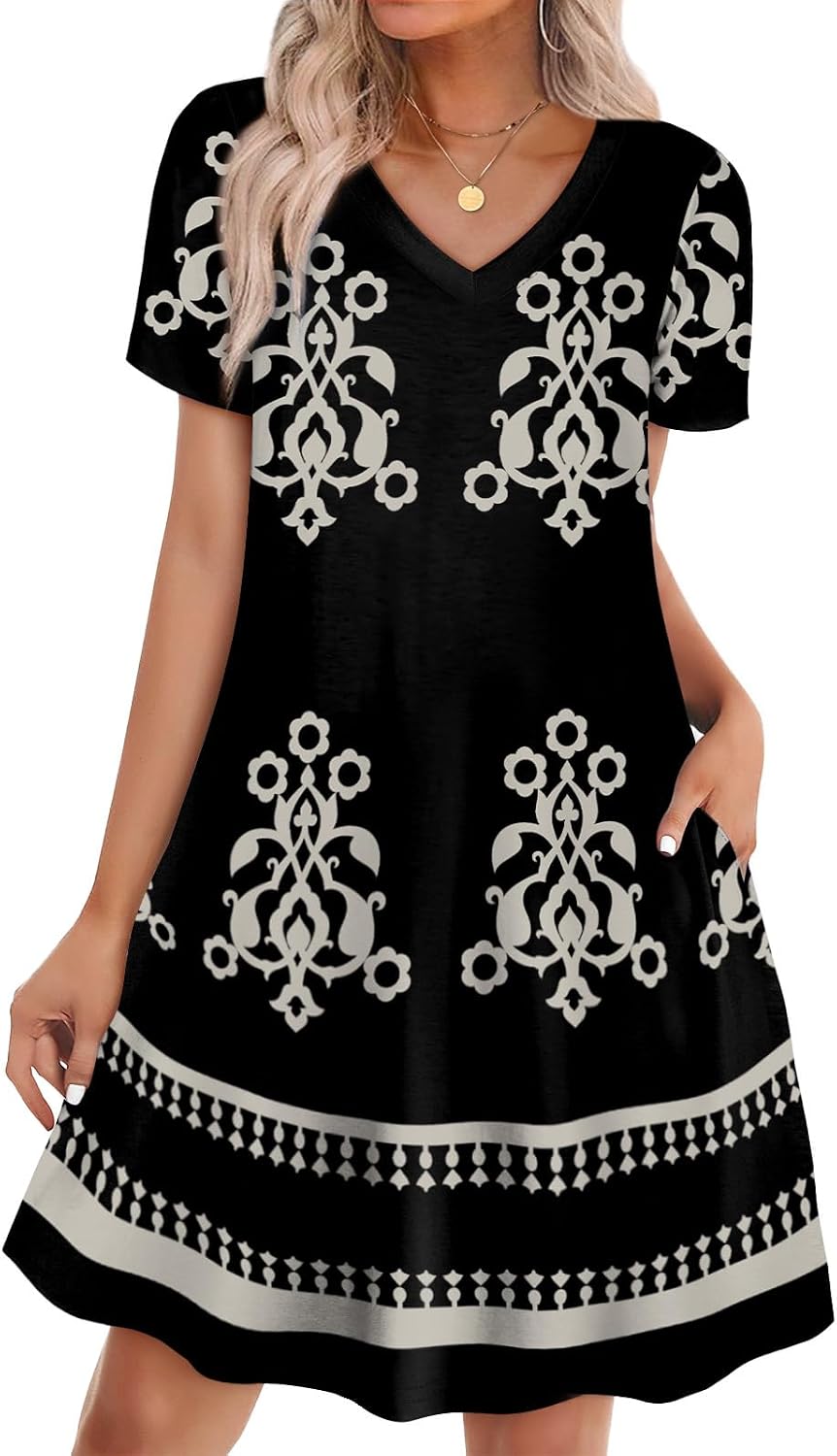 WIHOLL Boho Summer Dresses for Women Casual Loose T Shirt Dress with Pockets Beach Vacation Outfits S-4XL