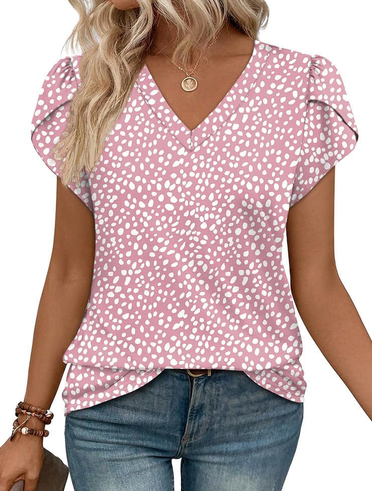 WIHOLL Womens Tops Dressy Casual Petal Sleeve Summer Spring Short Sleeve V Neck Shirts Work Business Vacation Clothes 2026