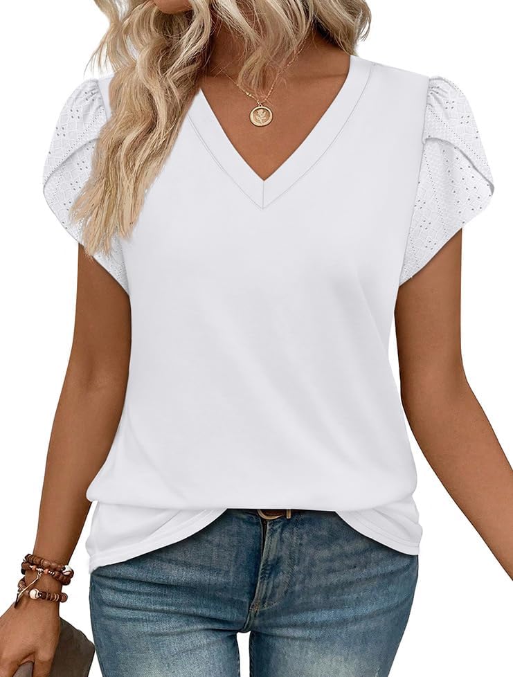 WIHOLL Womens Tops Dressy Casual Petal Sleeve Summer Spring Short Sleeve V Neck Shirts Work Business Vacation Clothes 2026