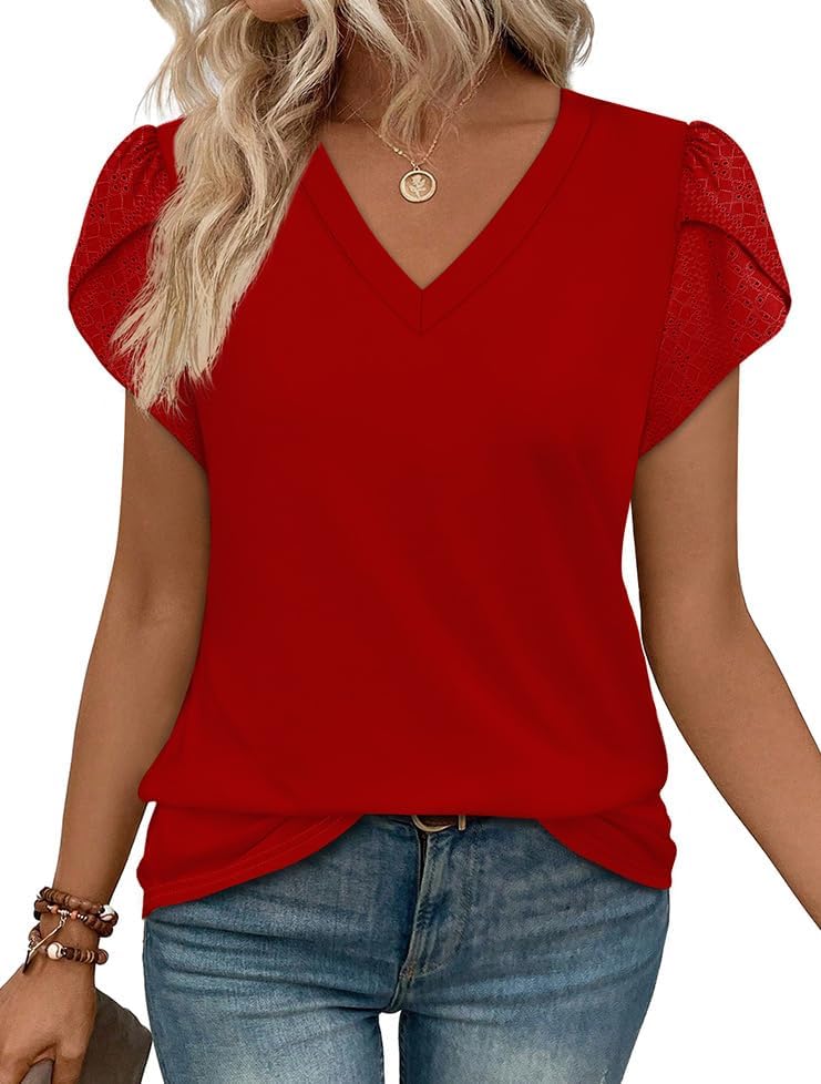 WIHOLL Womens Tops Dressy Casual Petal Sleeve Summer Spring Short Sleeve V Neck Shirts Work Business Vacation Clothes 2026