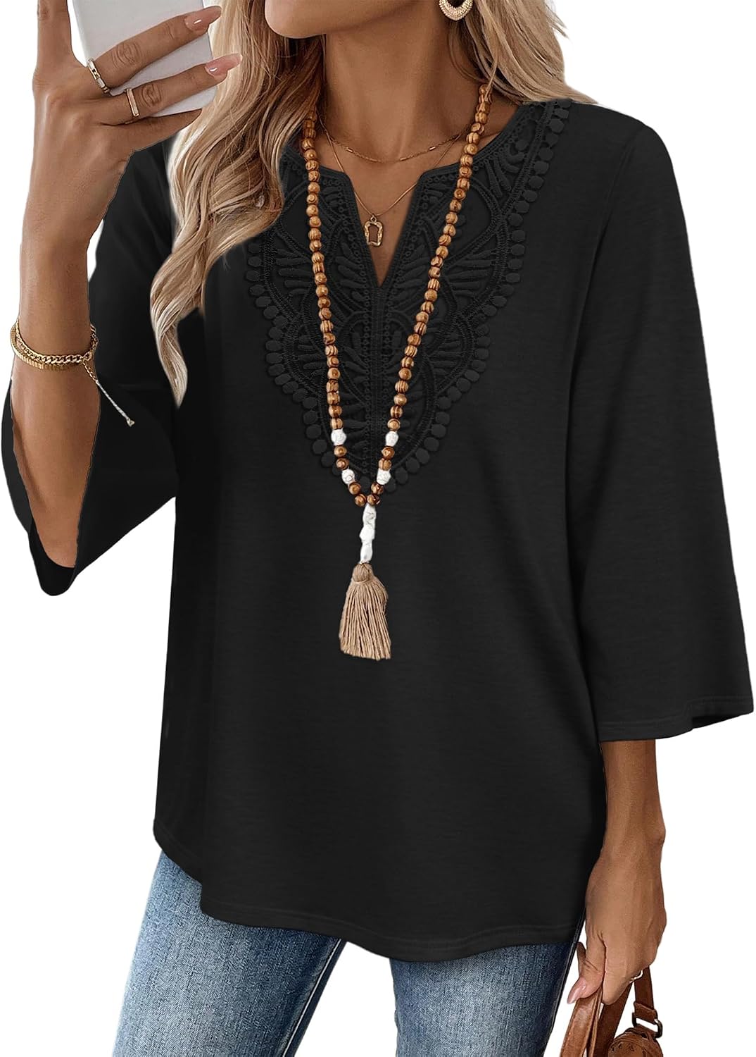 WIHOLL 3/4 Length Sleeve Womens Tops Boho V Neck Lace Shirt Trendy Blouses Dressy Casual Vacation Clothes S-3XL