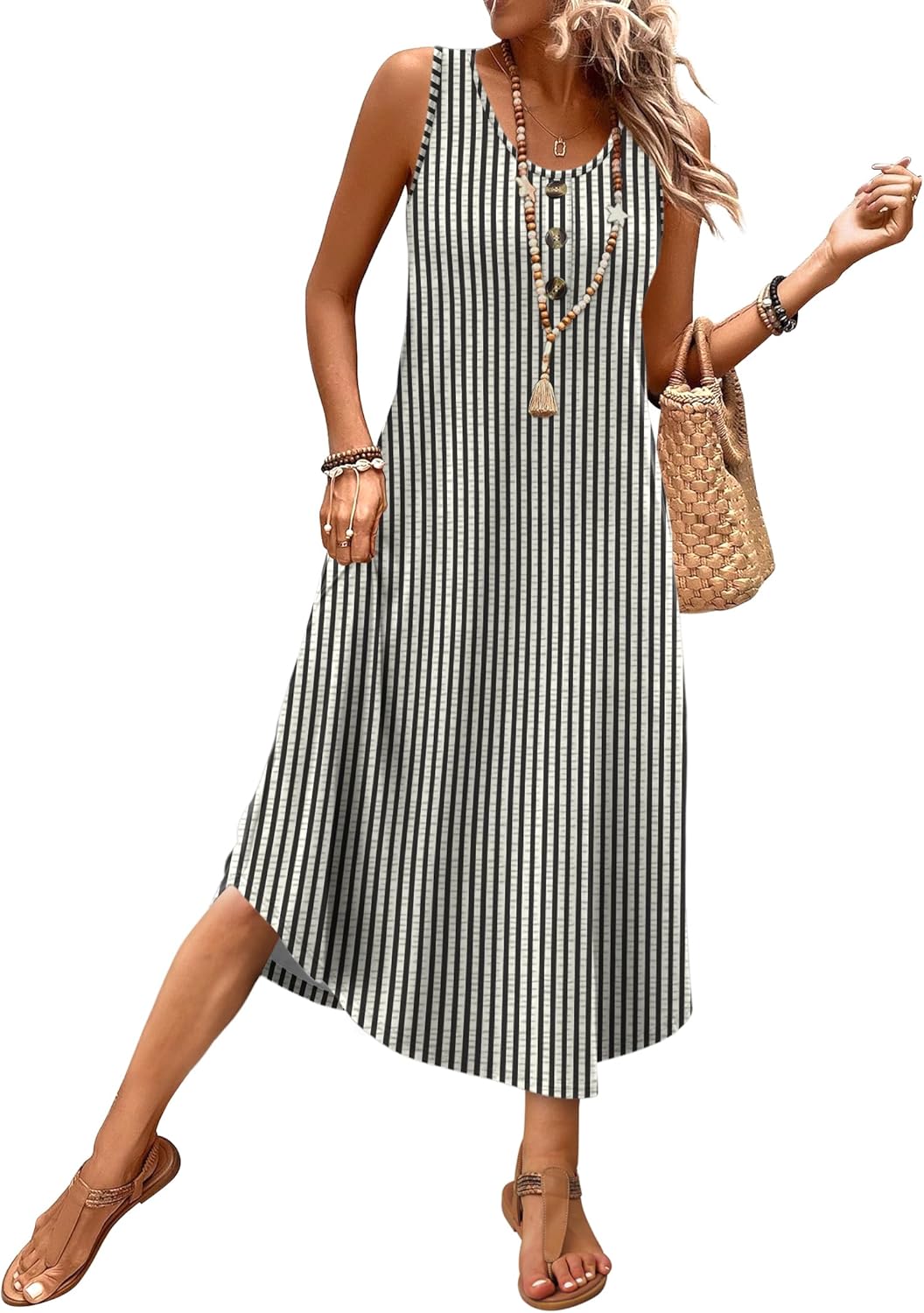 WIHOLL Summer Dresses for Women 2026 Button Front Sleeveless Casual Midi Dress Beach Vacation Sundresses with Pockets