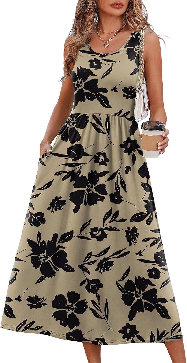 WIHOLL Summer Dresses for Women Flowy Casual Midi Dress Beach Vacation Sundresses with Pockets