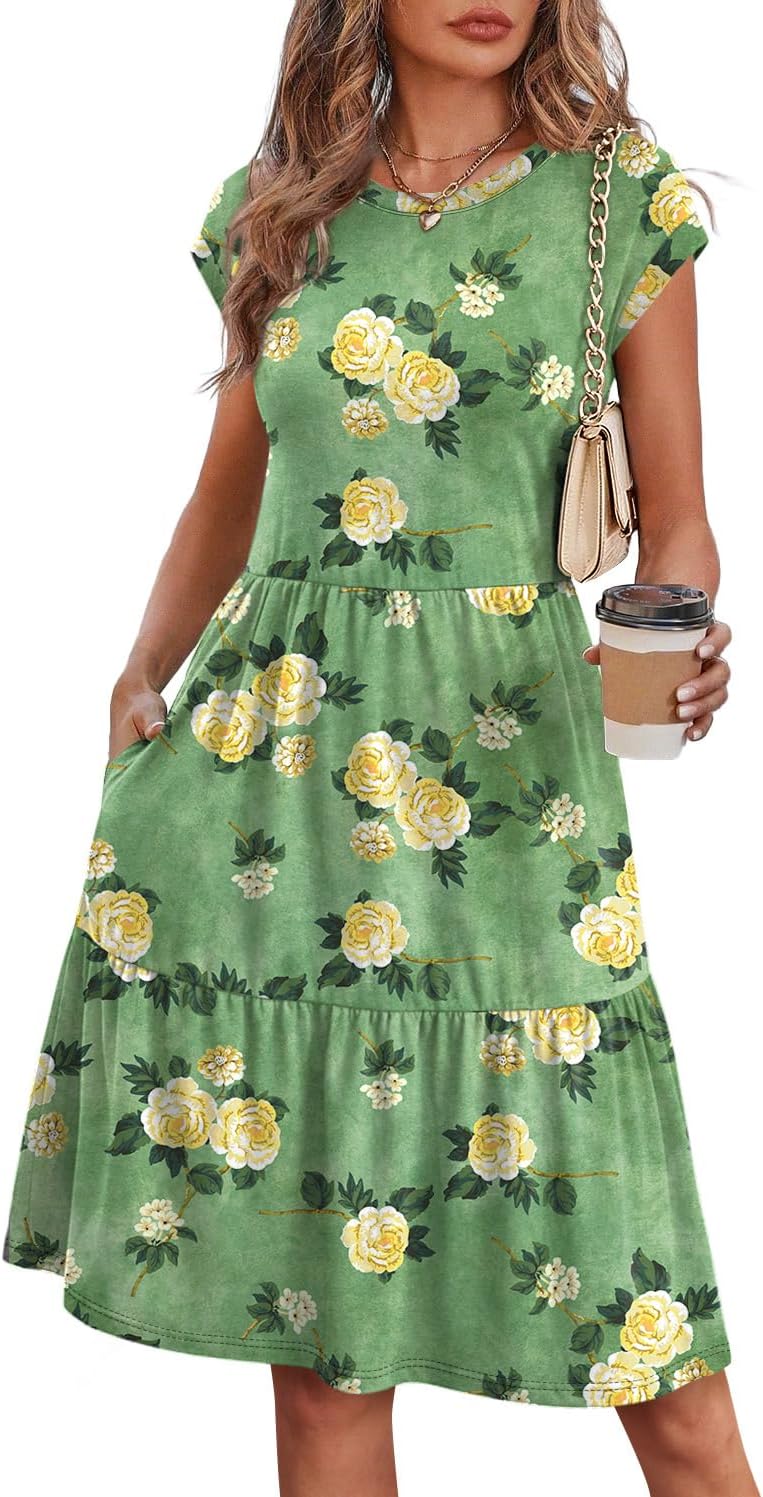 WIHOLL Summer Dresses for Women 2026 Cap Sleeve Casual Sundresses Floral Tiered Swing Fashion Beach Vacation Dress