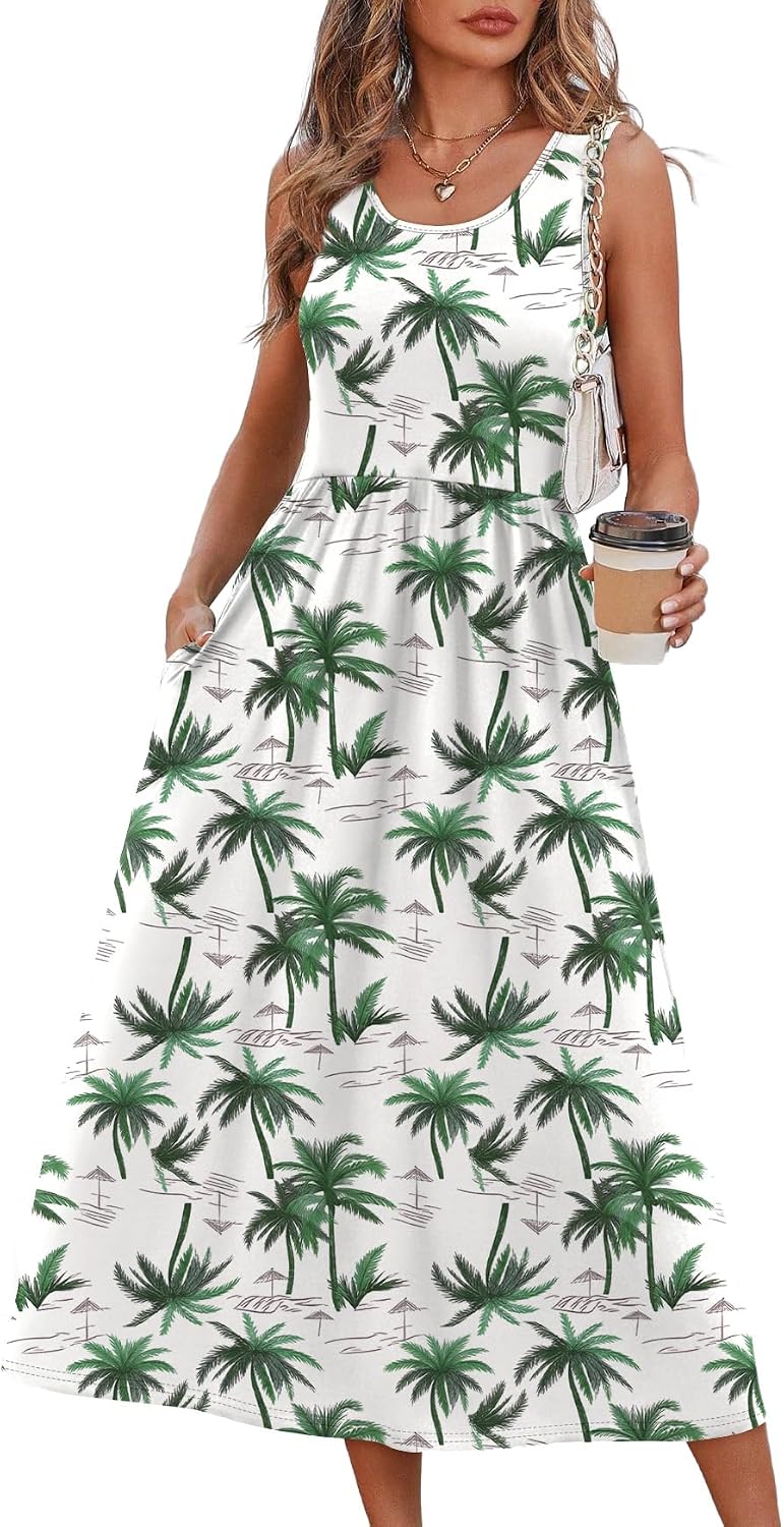 WIHOLL Summer Dresses for Women Flowy Casual Midi Dress Beach Vacation Sundresses with Pockets