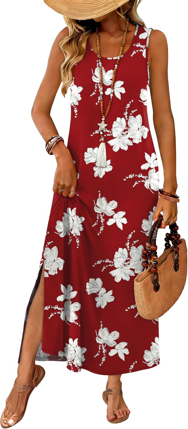 WIHOLL Maxi Dress Summer Dresses 2026 Beach Vacation Clothes Sleeveless Sundresses with Pockets Boho S-3XL