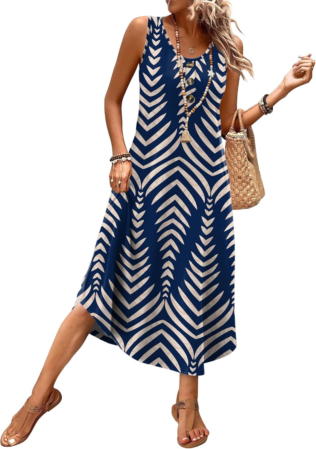WIHOLL Summer Dresses for Women 2026 Button Front Sleeveless Casual Midi Dress Beach Vacation Sundresses with Pockets