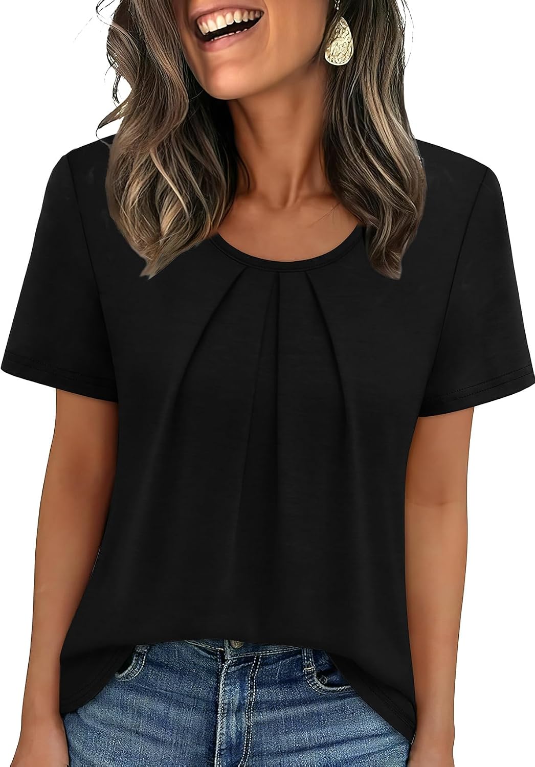 WIHOLL Women T Shirts Pleated Short Sleeve Tops Business Casual Blouses | Loose Fit, Dressy Casual, Trendy 2026, Flowy, Boho