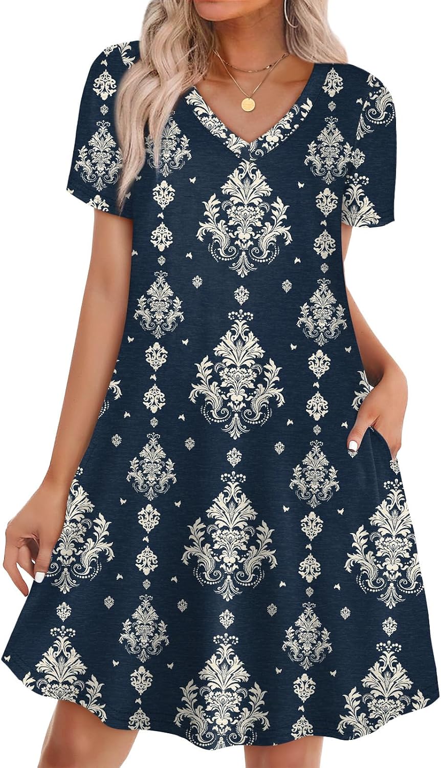 WIHOLL Boho Summer Dresses for Women Casual Loose T Shirt Dress with Pockets Beach Vacation Outfits S-4XL
