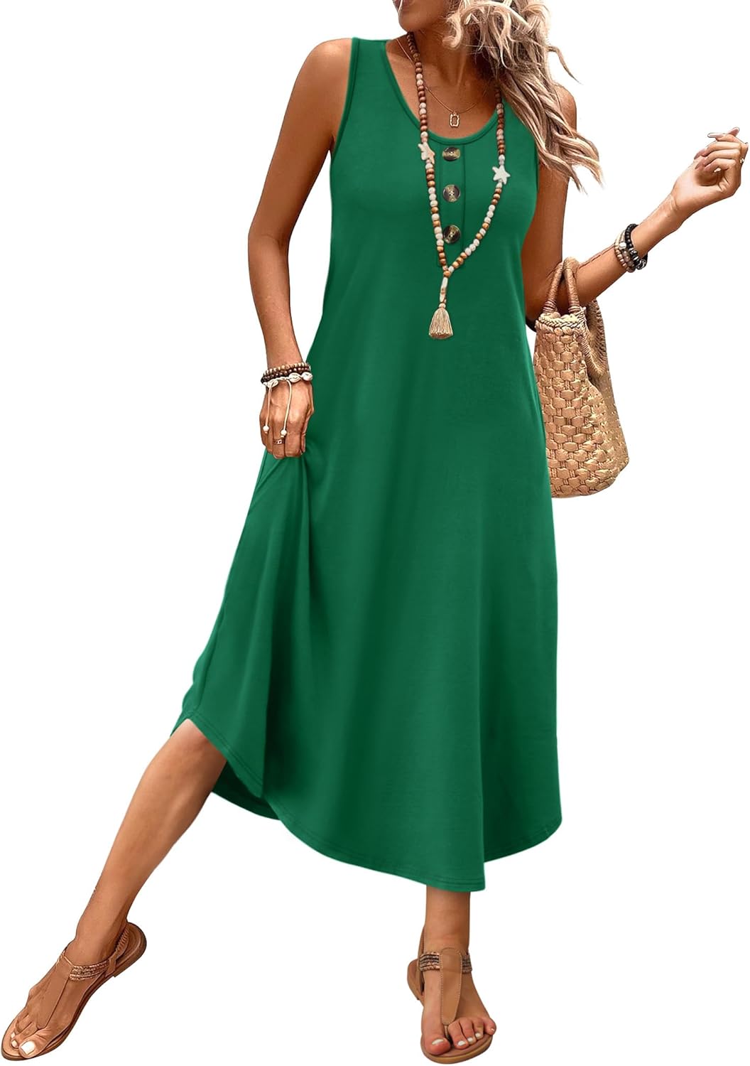 WIHOLL Summer Dresses for Women 2026 Button Front Sleeveless Casual Midi Dress Beach Vacation Sundresses with Pockets