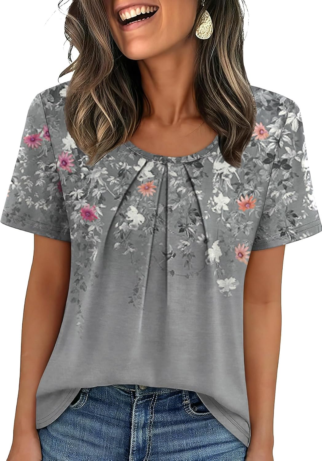 WIHOLL Women T Shirts Pleated Short Sleeve Tops Business Casual Blouses | Loose Fit, Dressy Casual, Trendy 2026, Flowy, Boho