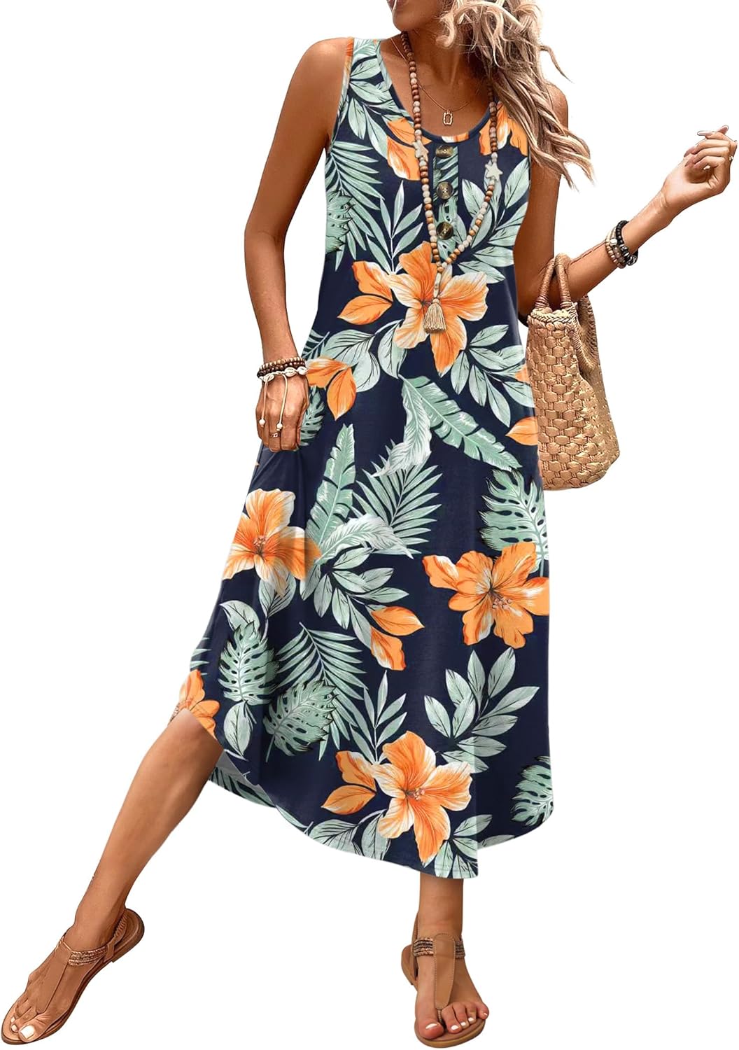WIHOLL Summer Dresses for Women 2026 Button Front Sleeveless Casual Midi Dress Beach Vacation Sundresses with Pockets