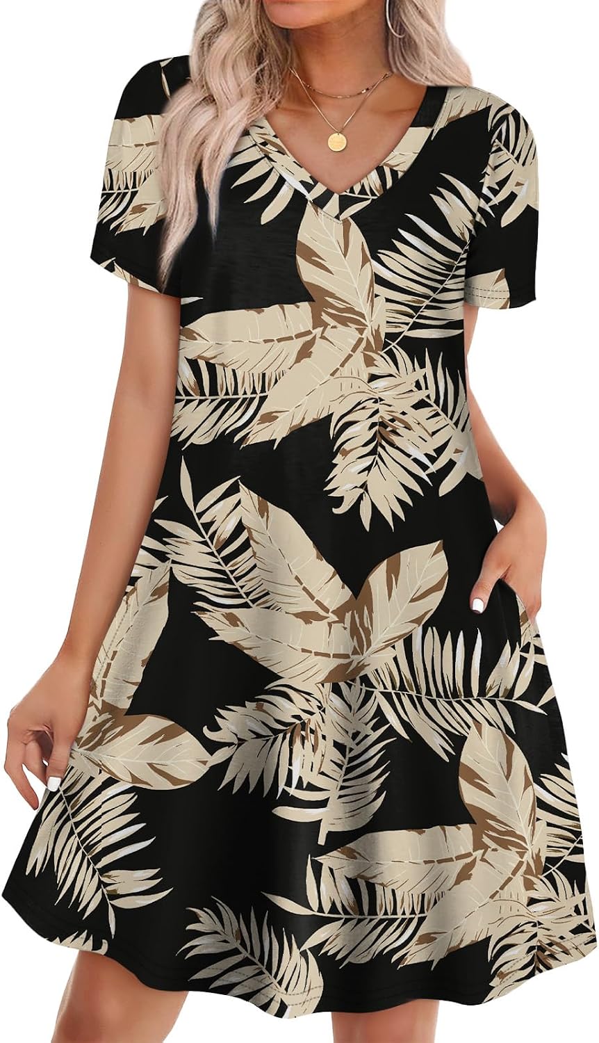 WIHOLL Boho Summer Dresses for Women Casual Loose T Shirt Dress with Pockets Beach Vacation Outfits S-4XL