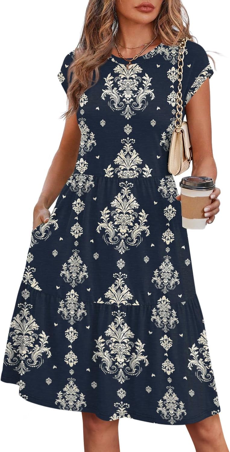 WIHOLL Summer Dresses for Women 2026 Cap Sleeve Casual Sundresses Floral Tiered Swing Fashion Beach Vacation Dress