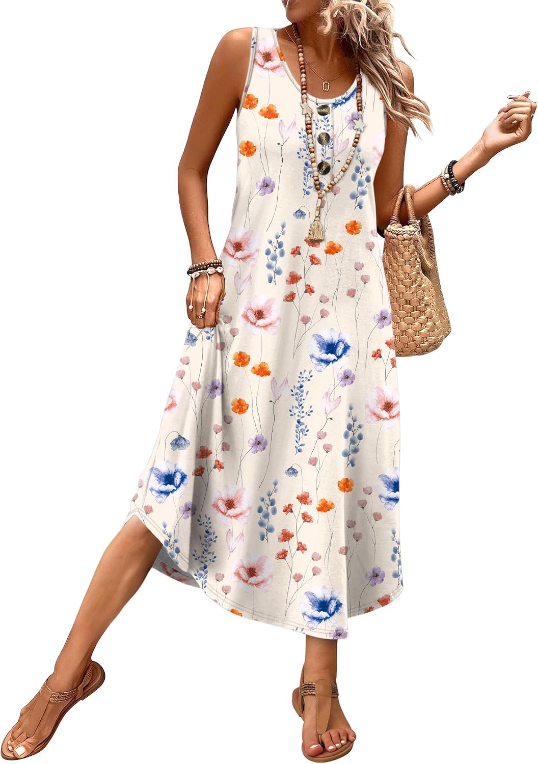WIHOLL Summer Dresses for Women 2026 Button Front Sleeveless Casual Midi Dress Beach Vacation Sundresses with Pockets