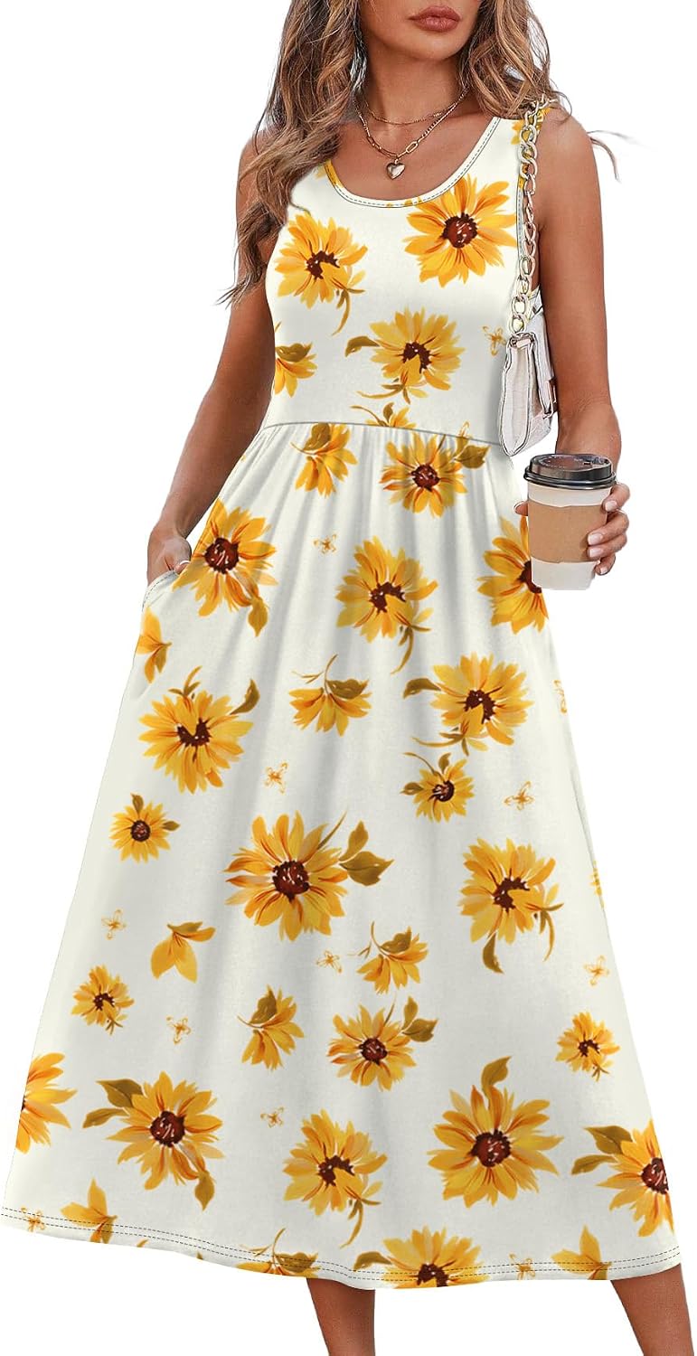 WIHOLL Summer Dresses for Women Flowy Casual Midi Dress Beach Vacation Sundresses with Pockets