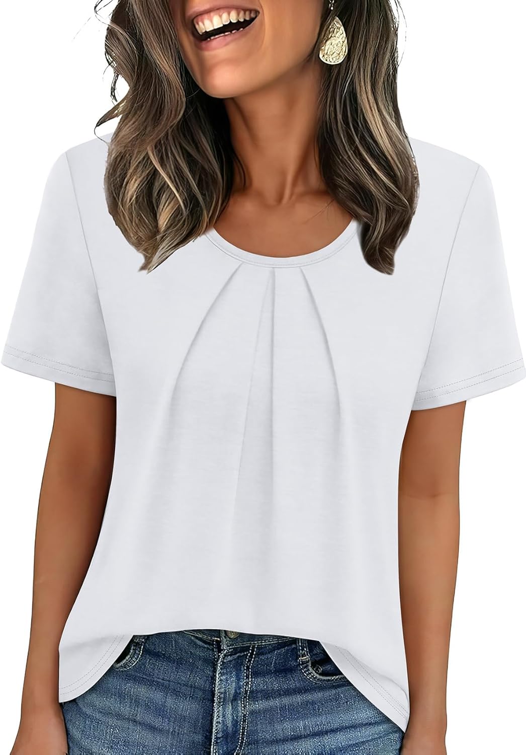 WIHOLL Women T Shirts Pleated Short Sleeve Tops Business Casual Blouses | Loose Fit, Dressy Casual, Trendy 2026, Flowy, Boho