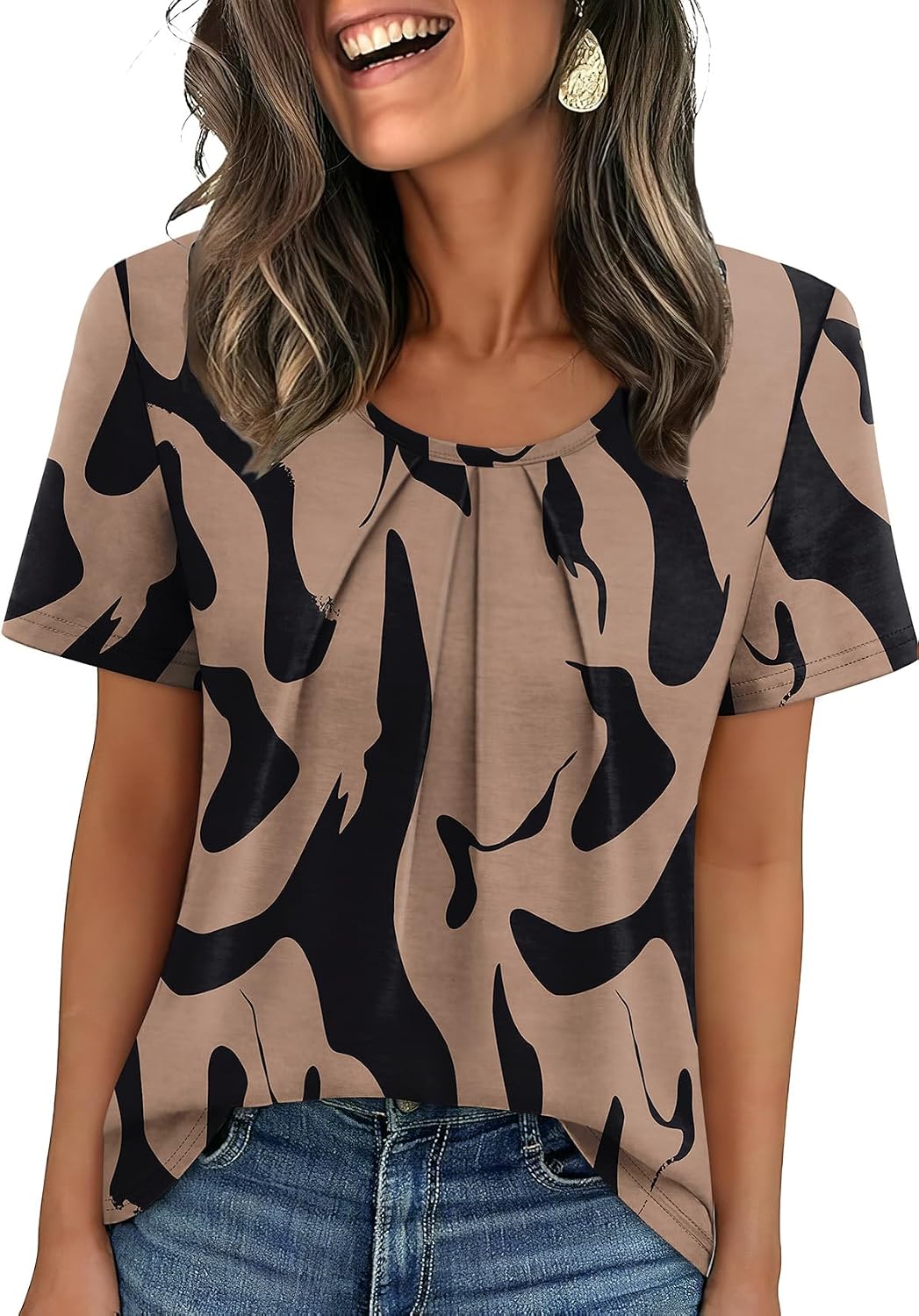 WIHOLL Women T Shirts Pleated Short Sleeve Tops Business Casual Blouses | Loose Fit, Dressy Casual, Trendy 2026, Flowy, Boho