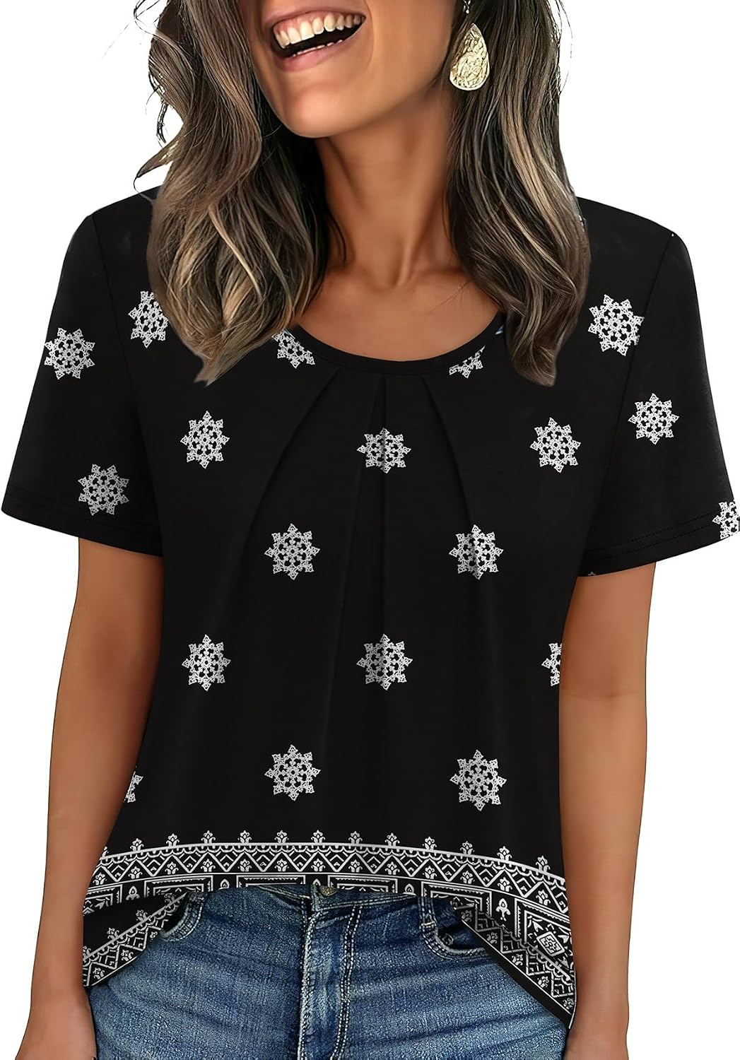 WIHOLL Women T Shirts Pleated Short Sleeve Tops Business Casual Blouses | Loose Fit, Dressy Casual, Trendy 2026, Flowy, Boho