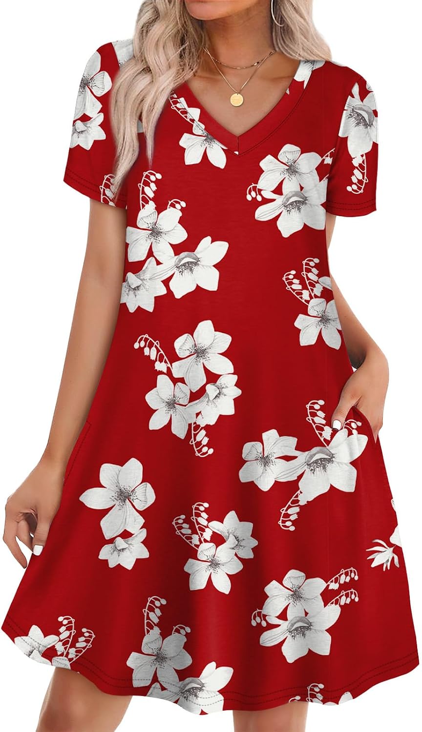 WIHOLL Boho Summer Dresses for Women Casual Loose T Shirt Dress with Pockets Beach Vacation Outfits S-4XL