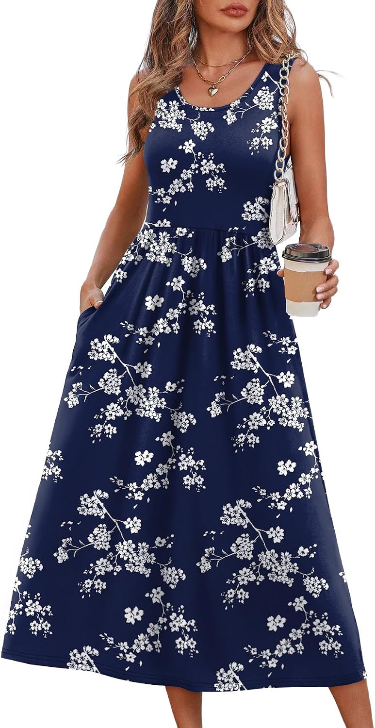 WIHOLL Summer Dresses for Women Flowy Casual Midi Dress Beach Vacation Sundresses with Pockets