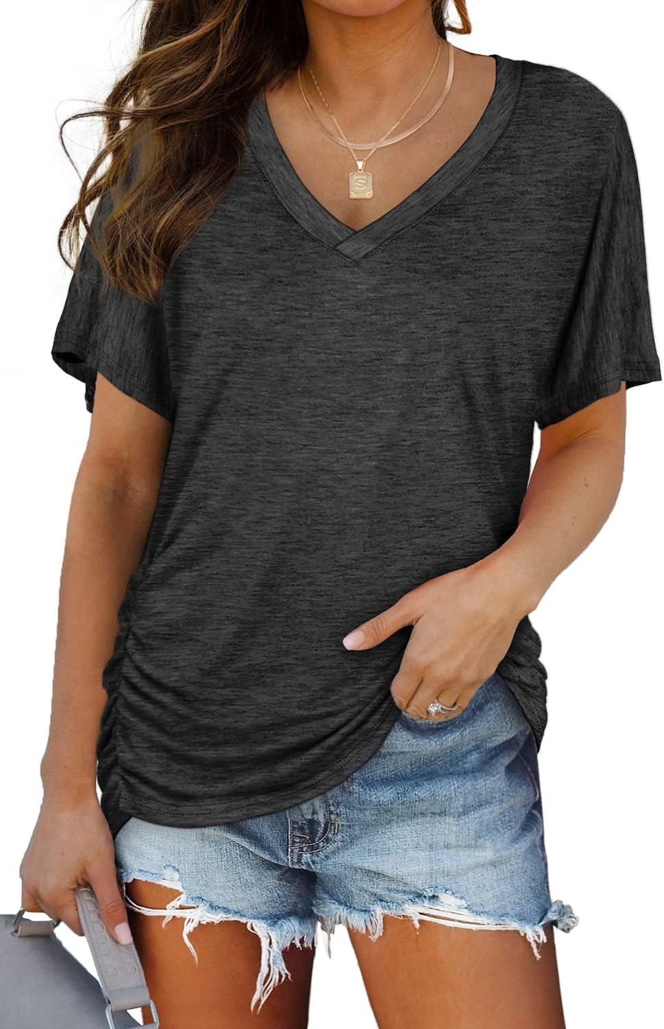 WIHOLL Womens Summer T-Shirts Short Sleeve V Neck Dolman Tops with Side Shirring Loose Fit Shirts Spring Fashion