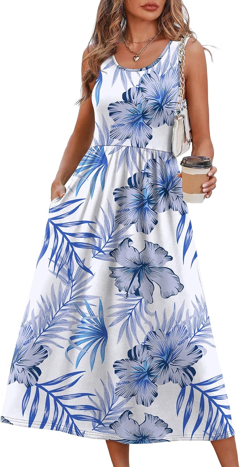 WIHOLL Summer Dresses for Women Flowy Casual Midi Dress Beach Vacation Sundresses with Pockets