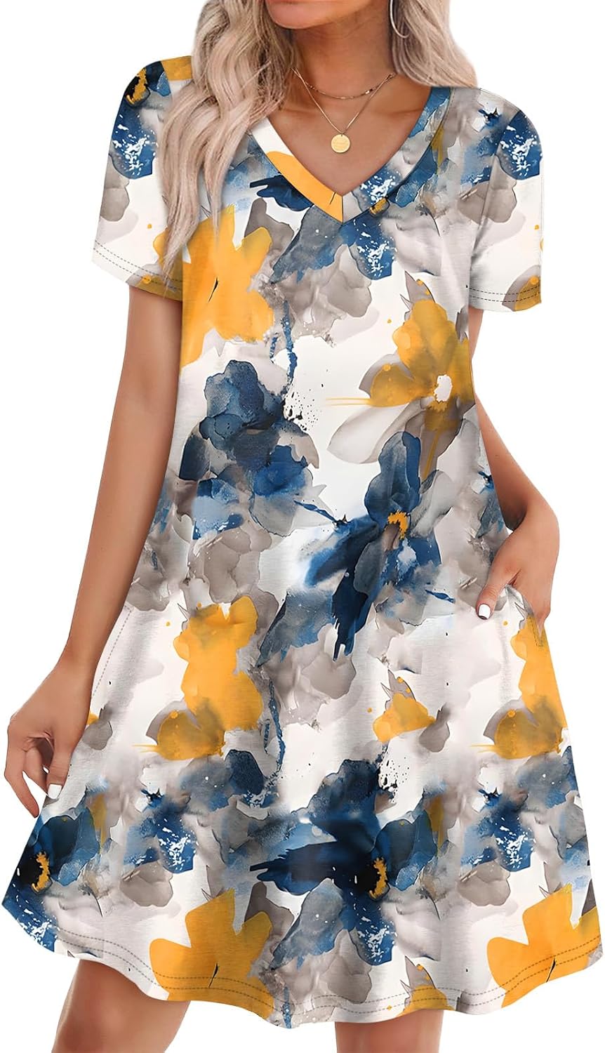 WIHOLL Boho Summer Dresses for Women Casual Loose T Shirt Dress with Pockets Beach Vacation Outfits S-4XL