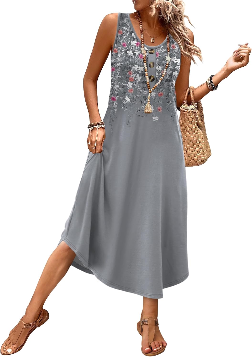 WIHOLL Summer Dresses for Women 2026 Button Front Sleeveless Casual Midi Dress Beach Vacation Sundresses with Pockets