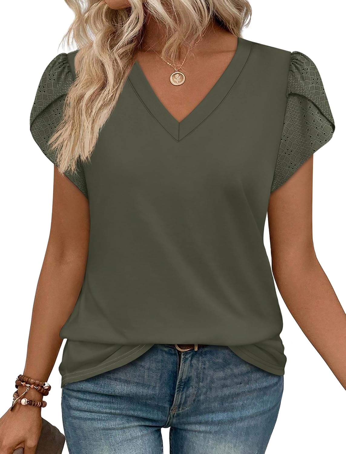 WIHOLL Womens Tops Dressy Casual Petal Sleeve Summer Spring Short Sleeve V Neck Shirts Work Business Vacation Clothes 2026