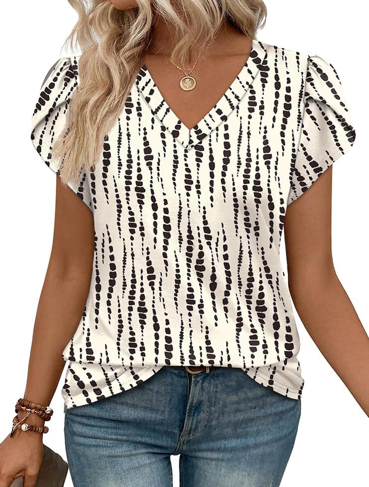 WIHOLL Womens Tops Dressy Casual Petal Sleeve Summer Spring Short Sleeve V Neck Shirts Work Business Vacation Clothes 2026
