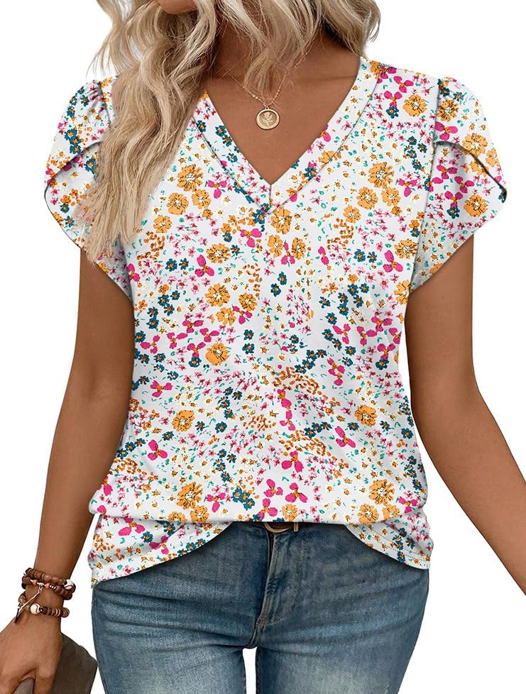WIHOLL Womens Tops Dressy Casual Petal Sleeve Summer Spring Short Sleeve V Neck Shirts Work Business Vacation Clothes 2026