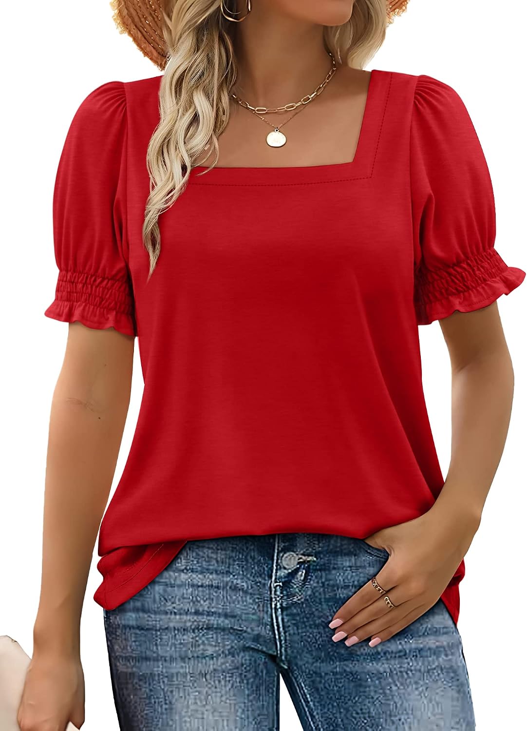 WIHOLL Tops for Women Summer Casual Ruffle Trim Sleeve Square Neck T Shirts