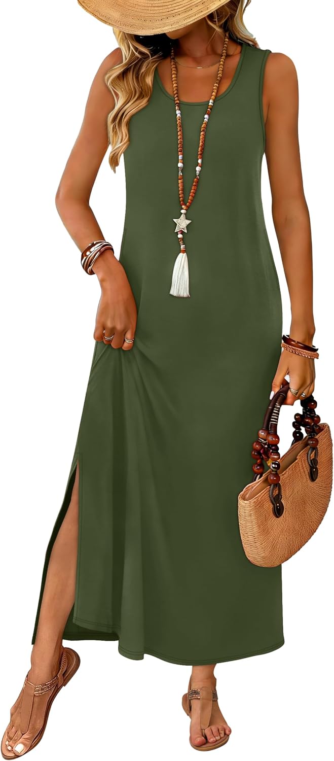 WIHOLL Maxi Dress Summer Dresses 2026 Beach Vacation Clothes Sleeveless Sundresses with Pockets Boho S-3XL