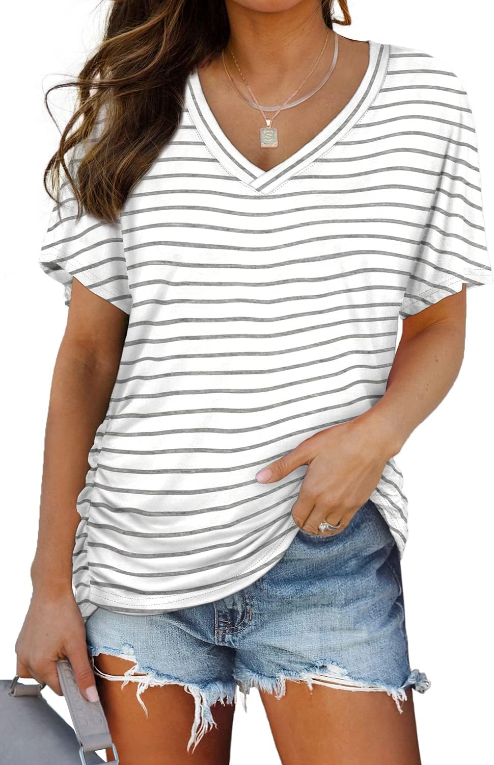 WIHOLL Womens Summer T-Shirts Short Sleeve V Neck Dolman Tops with Side Shirring Loose Fit Shirts Spring Fashion