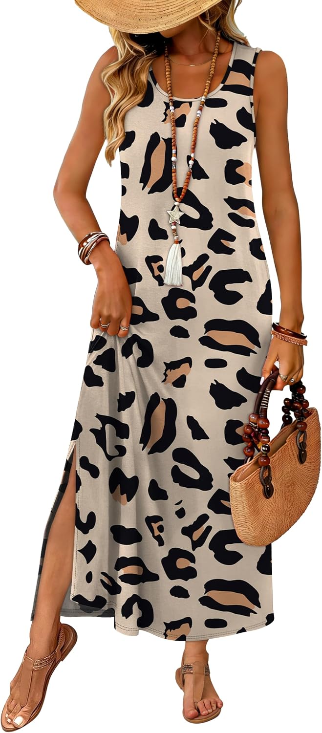 WIHOLL Maxi Dress Summer Dresses 2026 Beach Vacation Clothes Sleeveless Sundresses with Pockets Boho S-3XL