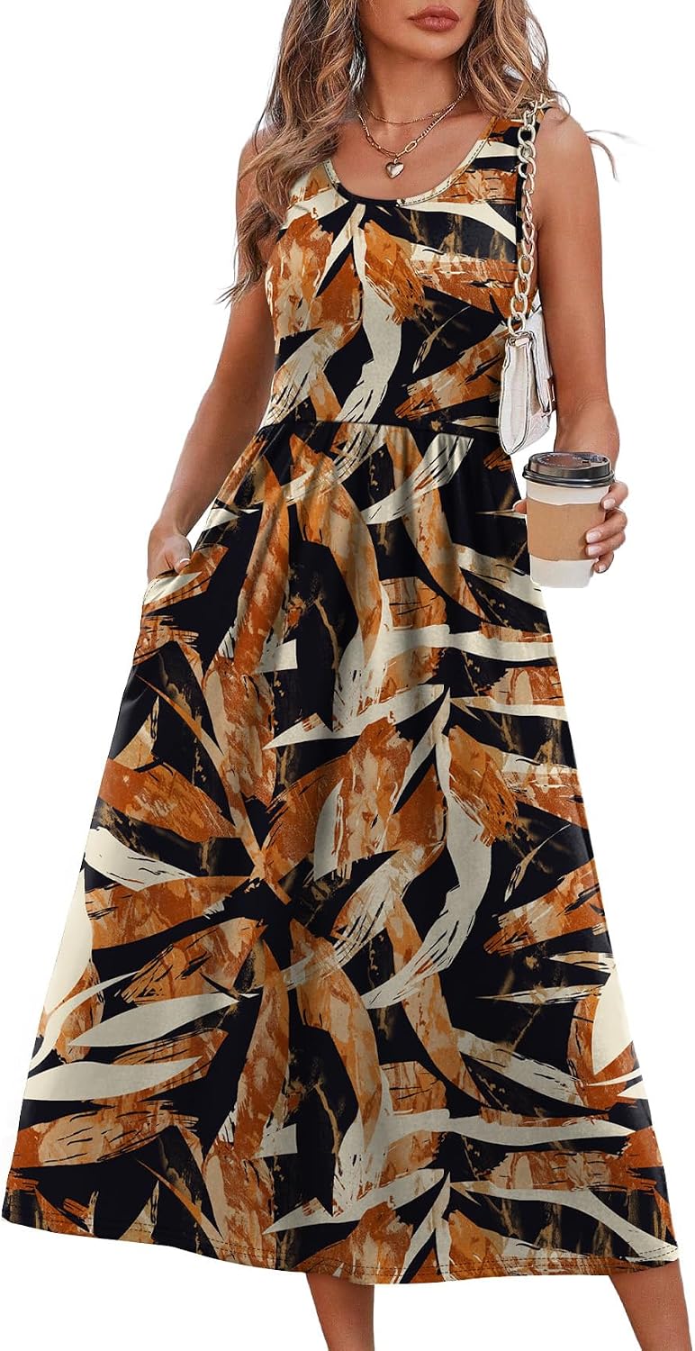 WIHOLL Summer Dresses for Women Flowy Casual Midi Dress Beach Vacation Sundresses with Pockets