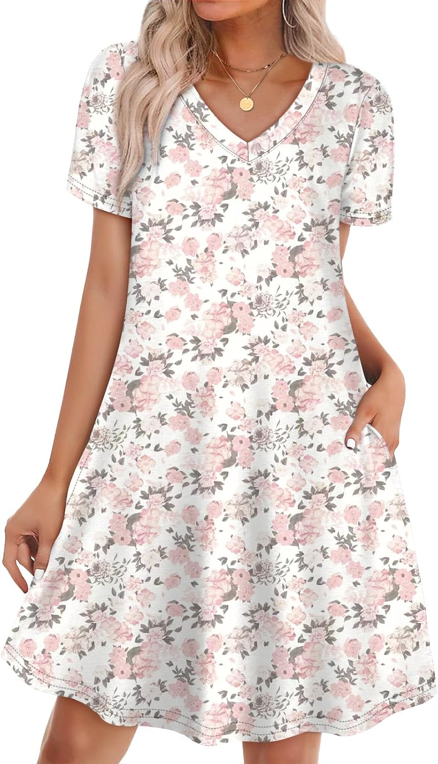 WIHOLL Boho Summer Dresses for Women Casual Loose T Shirt Dress with Pockets Beach Vacation Outfits S-4XL