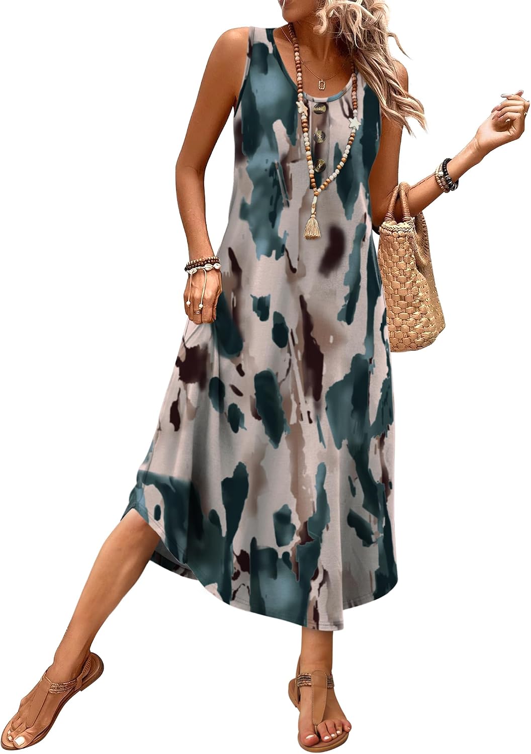 WIHOLL Summer Dresses for Women 2026 Button Front Sleeveless Casual Midi Dress Beach Vacation Sundresses with Pockets