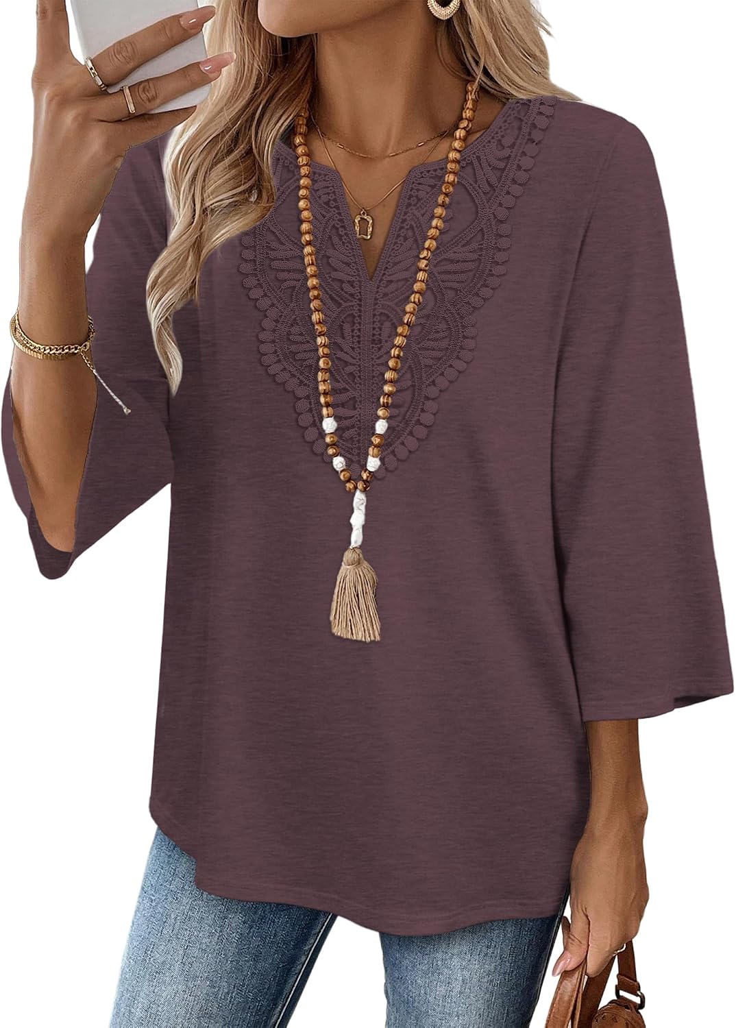 WIHOLL 3/4 Length Sleeve Womens Tops Boho V Neck Lace Shirt Trendy Blouses Dressy Casual Vacation Clothes S-3XL