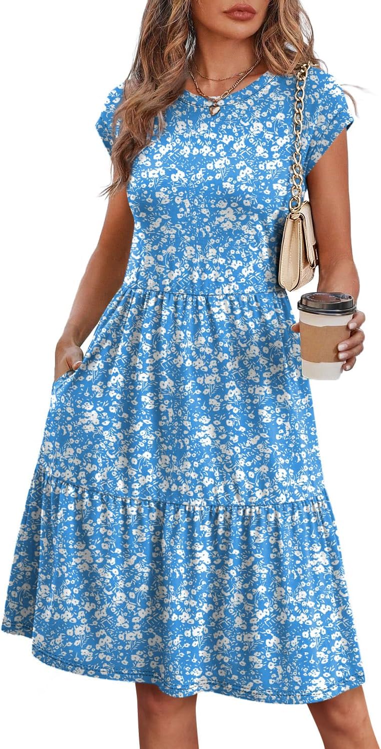 WIHOLL Summer Dresses for Women 2026 Cap Sleeve Casual Sundresses Floral Tiered Swing Fashion Beach Vacation Dress