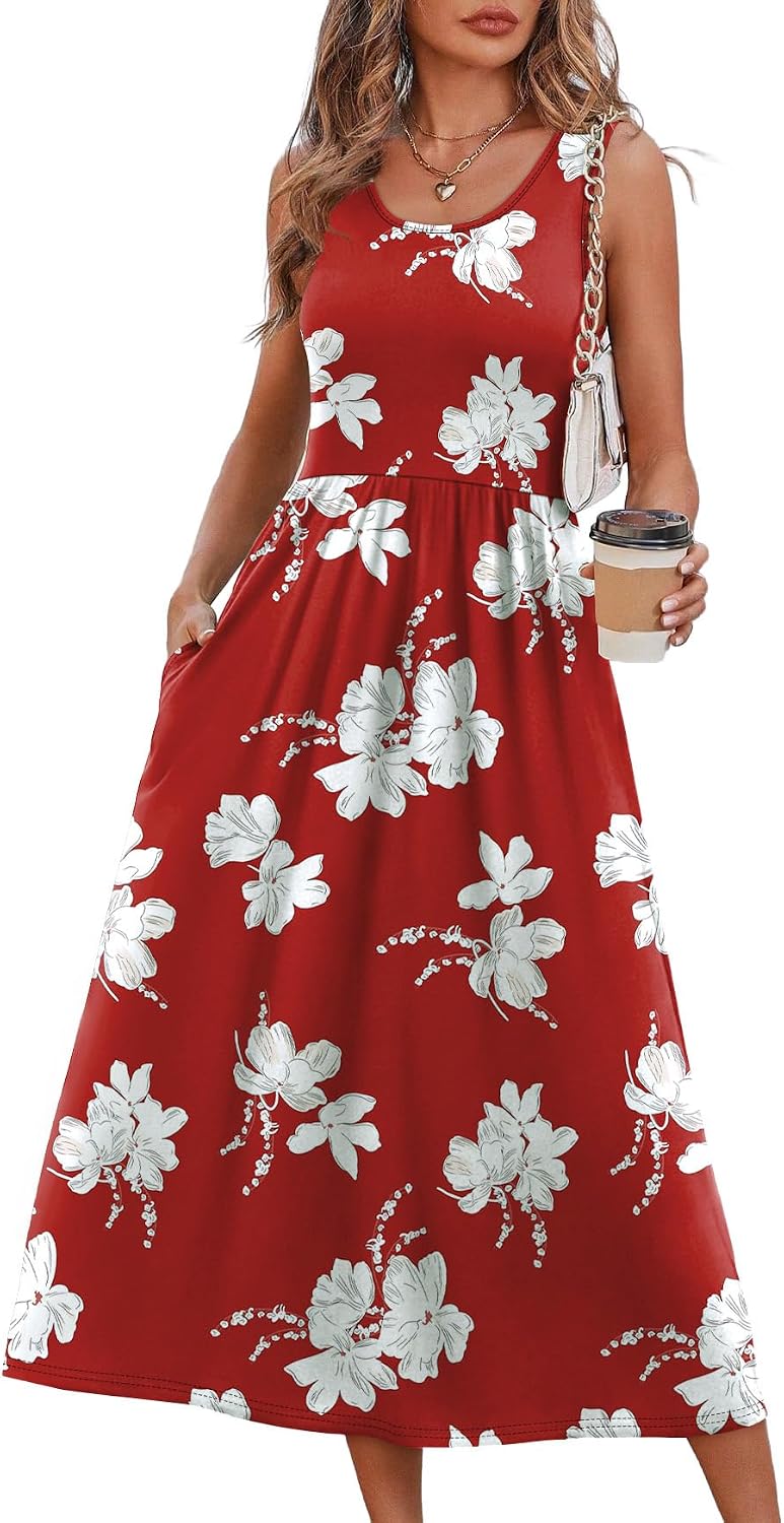 WIHOLL Summer Dresses for Women Flowy Casual Midi Dress Beach Vacation Sundresses with Pockets