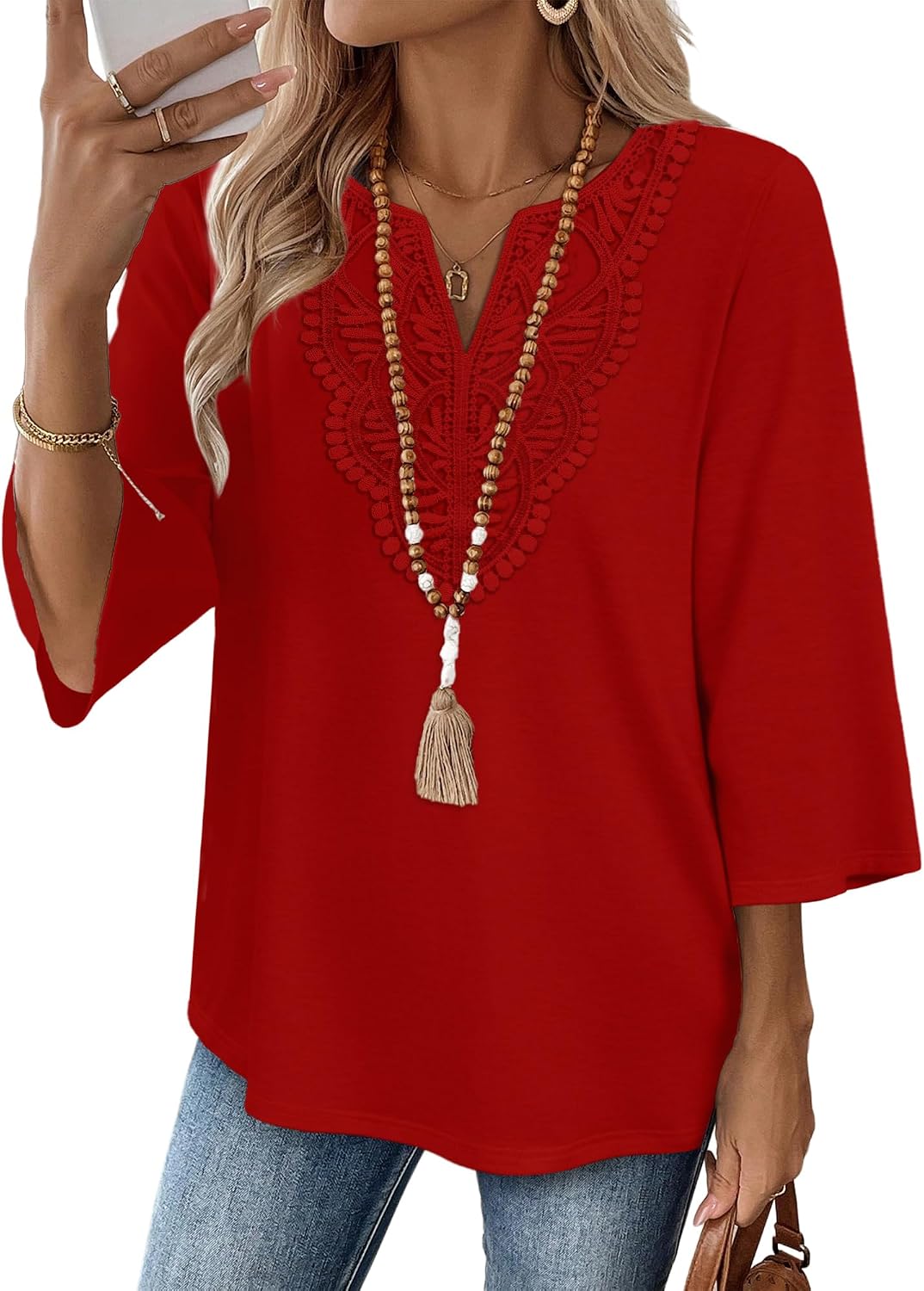 WIHOLL 3/4 Length Sleeve Womens Tops Boho V Neck Lace Shirt Trendy Blouses Dressy Casual Vacation Clothes S-3XL