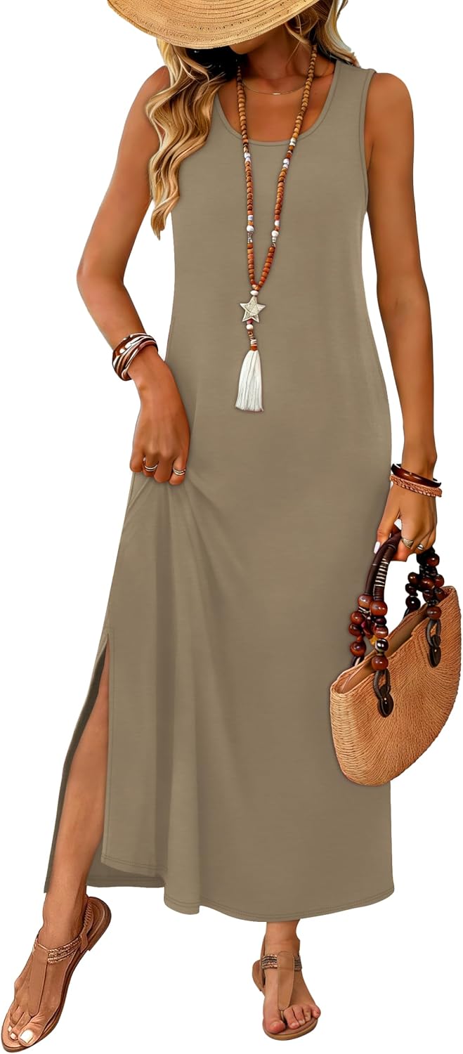 WIHOLL Maxi Dress Summer Dresses 2026 Beach Vacation Clothes Sleeveless Sundresses with Pockets Boho S-3XL